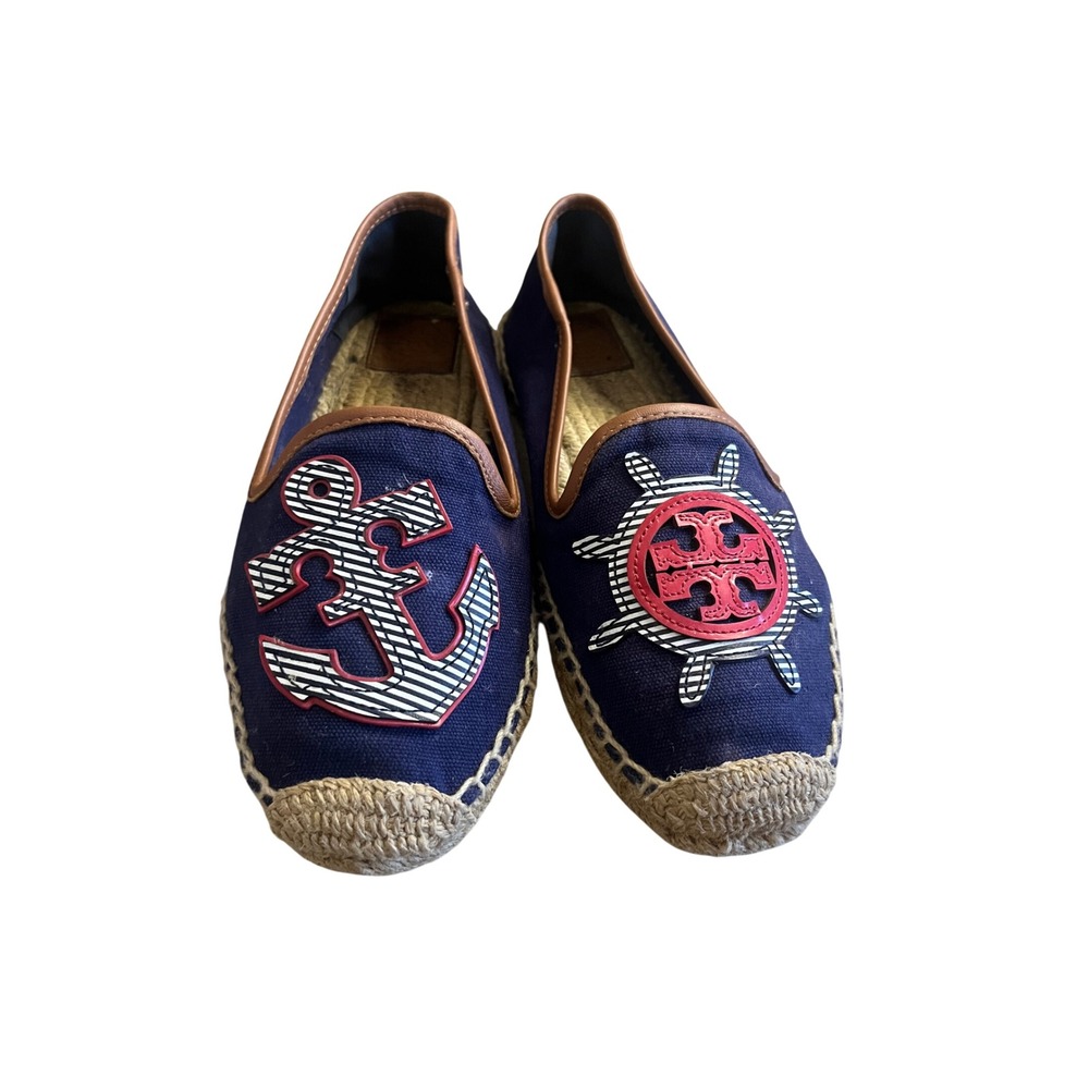 Tory Burch Navy Canvas Nautical Espadrille Flats Anchor Steering Wheel 9.5M